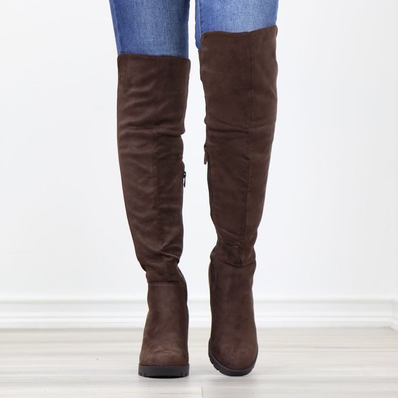 Brown Thigh High Over The Knee Lug Block Heel Boots Faux Suede Round Toe - Picture 12 of 16